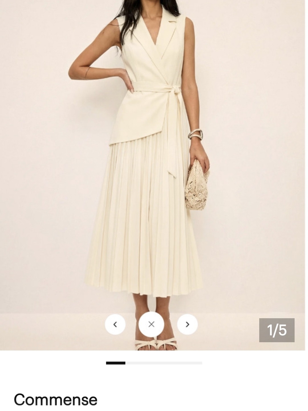 Commense Cream Sleeveless Faux Wrap Pleated Midi Dress with Tie Waist